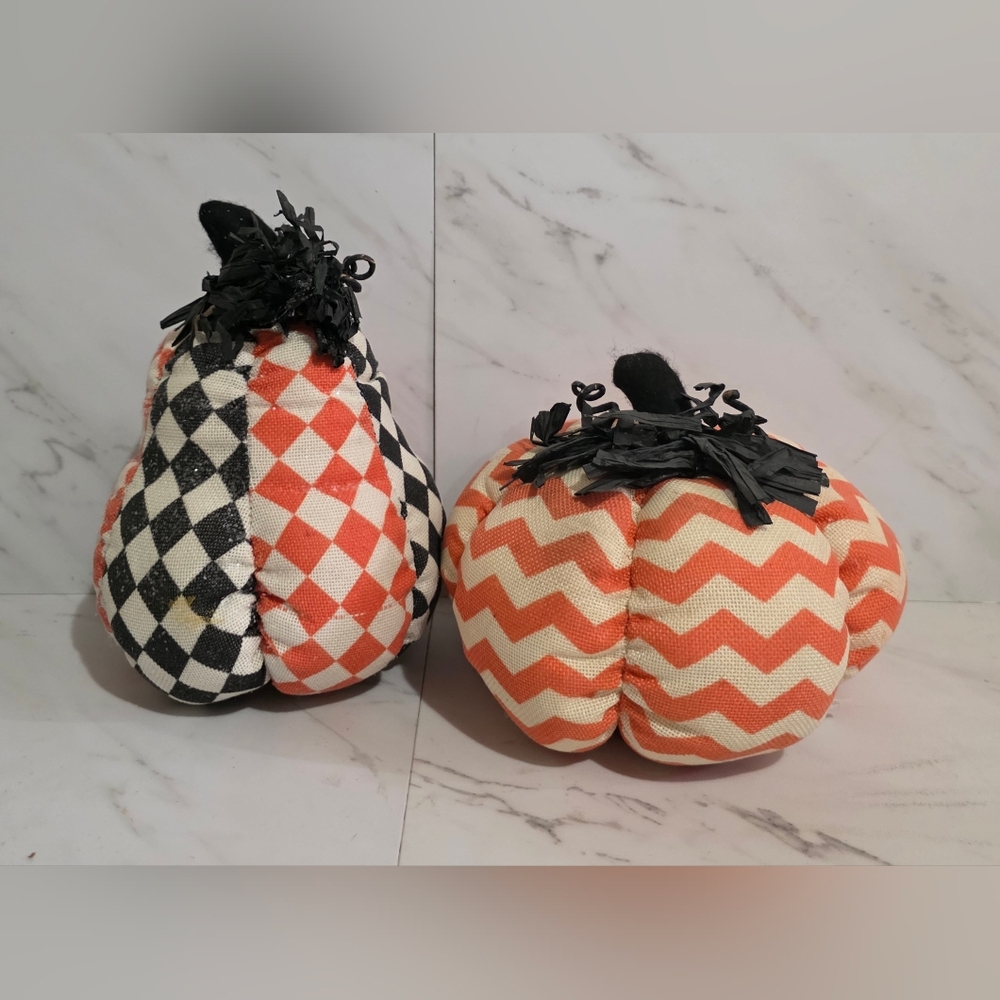 Plush Pumpkins Set of 2 - Fabric Orange and White Checkered - Autumn Fall Decor